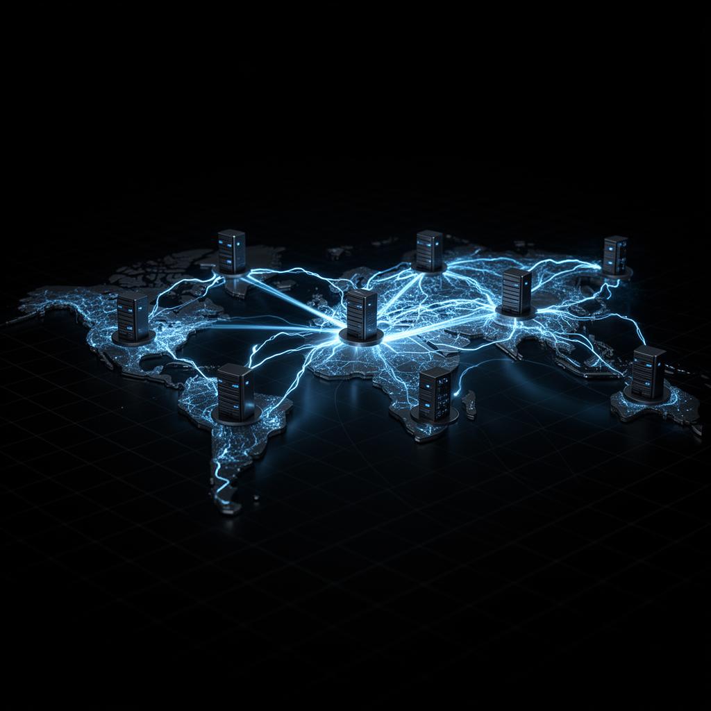 Global server infrastructure visualization with glowing blue network paths